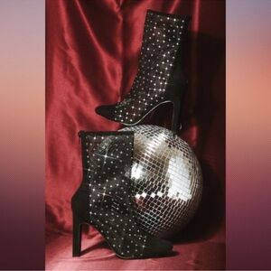 NIB Lulu’s Black Suede Rhinestone Mesh Mid-Calf Boots 6.5